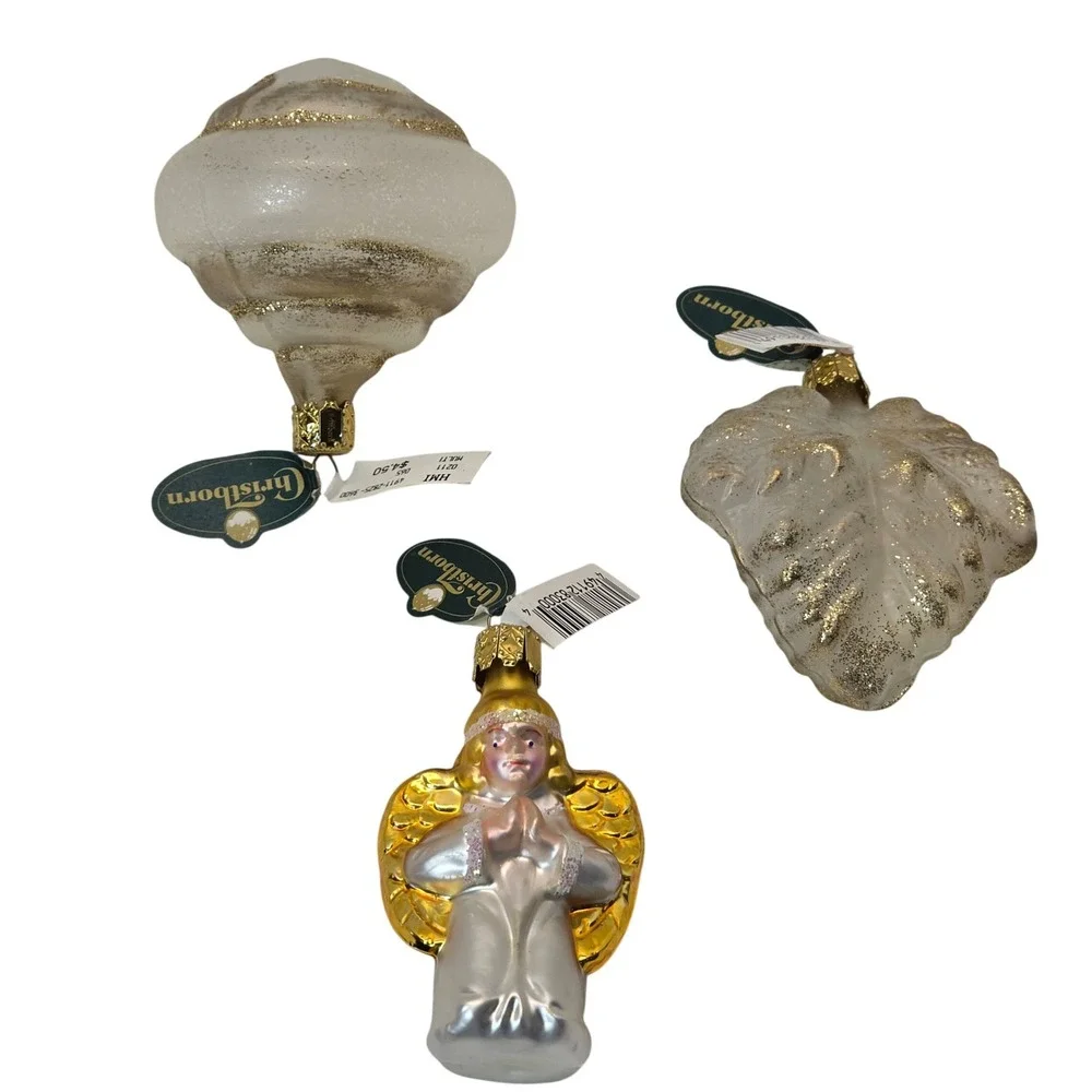 Christborn Ornaments Gold New Glass Angel Leaf Finial 3pc Set Germany